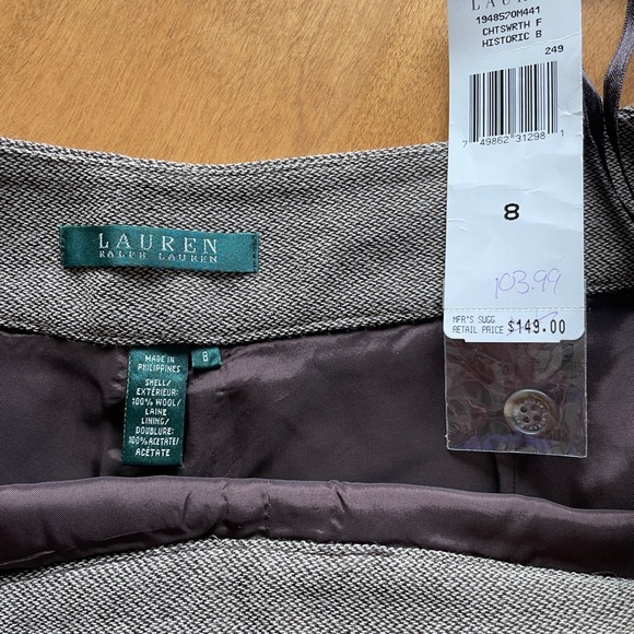 Lauren Ralph Lauren, 100% Wool, Lined Wide Leg Pant. Brown/Camel Tweed, Size 8 - Picture 4 of 9